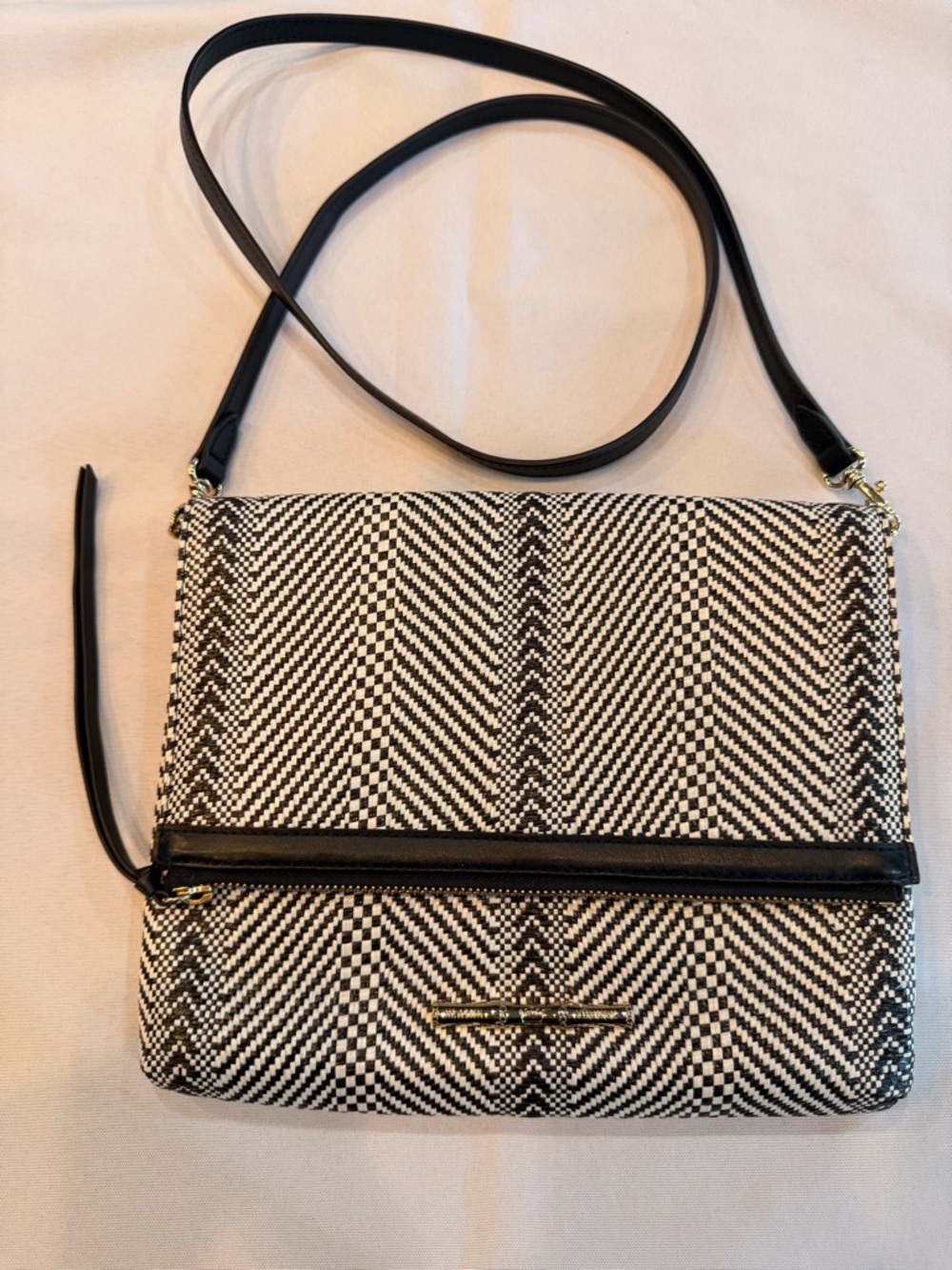 Elaine Turner Black and White Chevron Crossbody Red Interior with Mirror